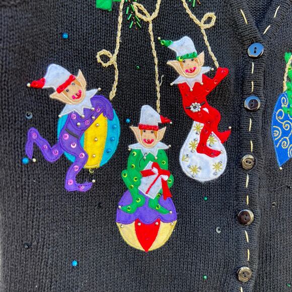 VTG Y2K White Stag Ugly Christmas Elves Wrecking Ball Ornament Sweater Vest MED - Picture 3 of 5